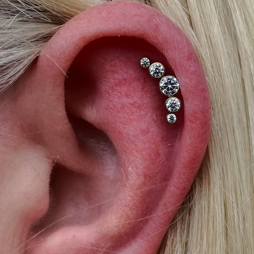 Gold Ion Plated Threadless Push In 5 CZ Cluster Tragus Labret