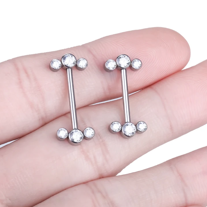 Internally Threaded Steel 3 Bezel Set Ends Nipple Barbell