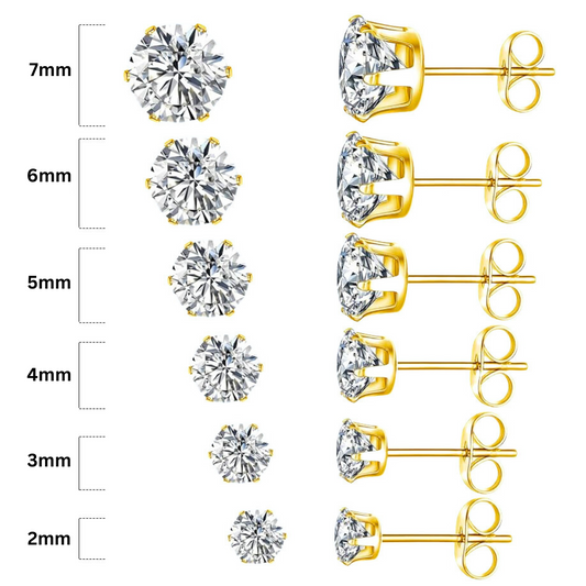 PAIR of Gold Ion Plated Steel Prong Set CZ Stud Earrings