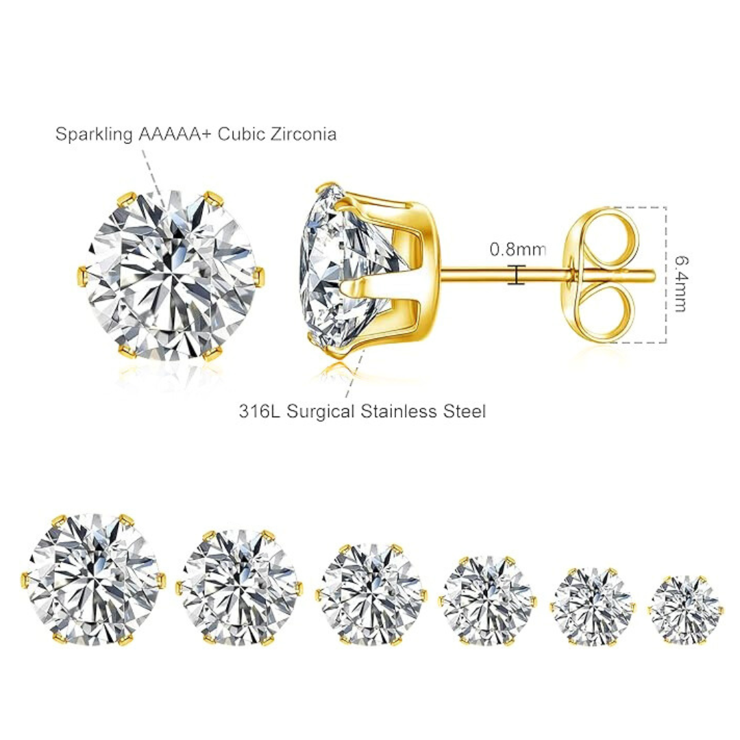 PAIR of Gold Ion Plated Steel Prong Set CZ Stud Earrings