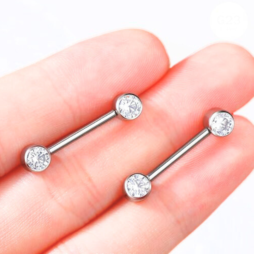 G23 Titanium Threadless Push In Flat Bezel Set CZ Front Facing Barbell