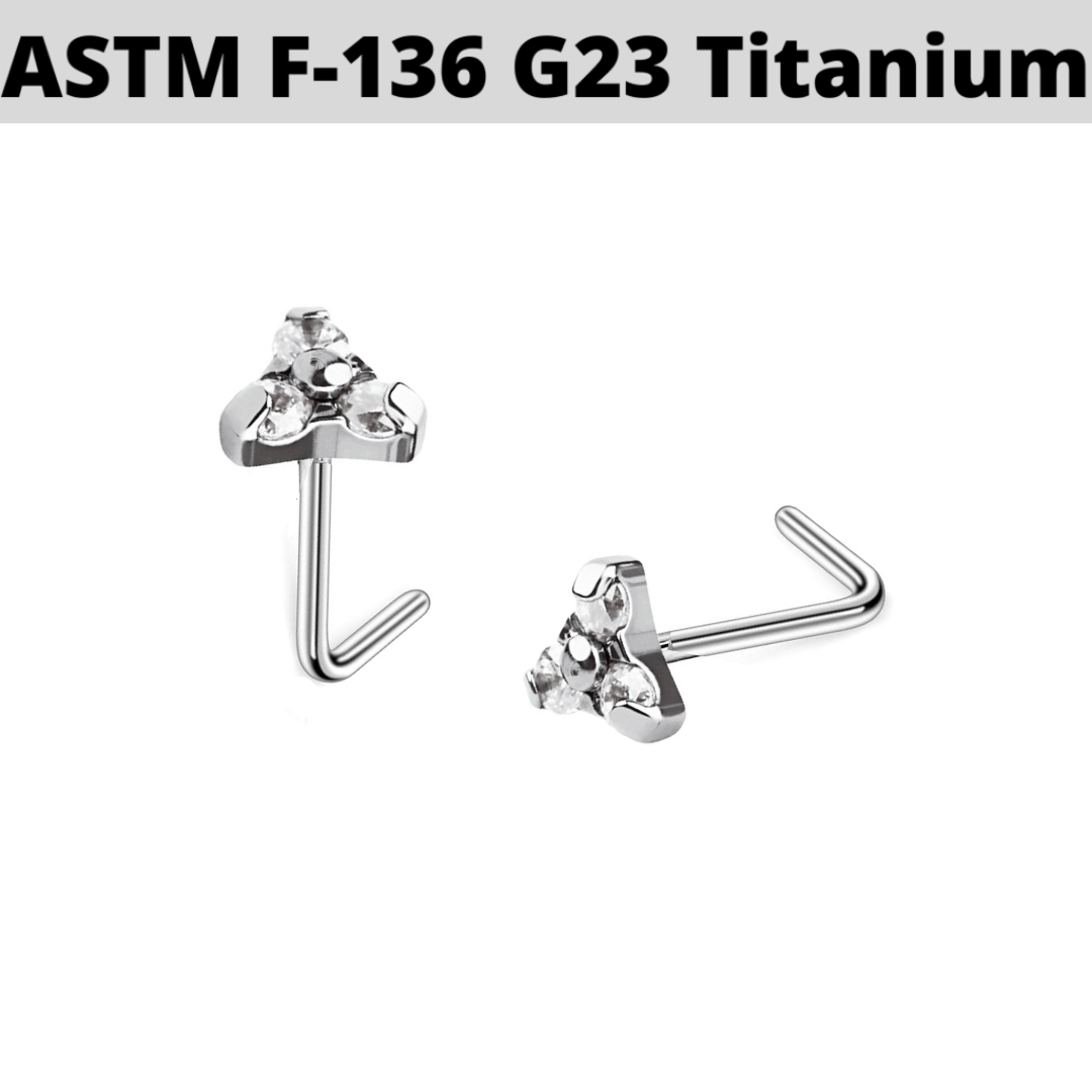 G23 Titanium Prong Set Trinity CZ L Bend Nose Fishtail