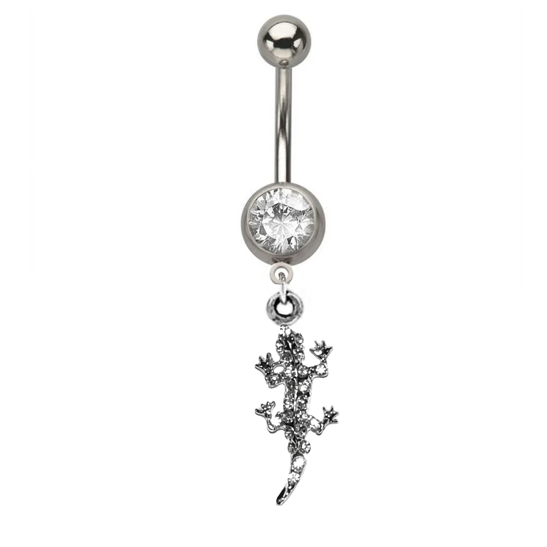 Paved CZ Gecko Lizard Dangle Belly Ring