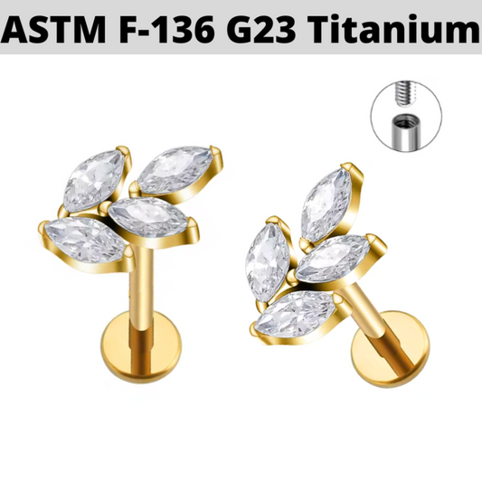 G23 Gold PVD Titanium Internally Threaded Marquise CZ Leaf Labret