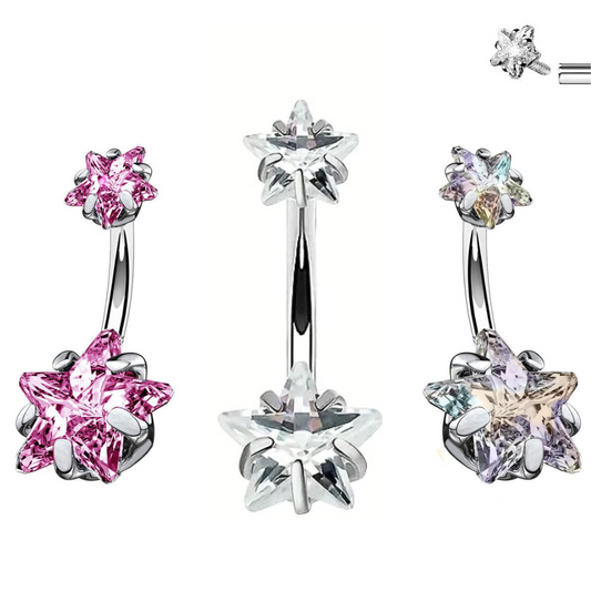 Internally Threaded Prong Set Double Stars CZ Belly Ring