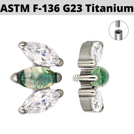 G23 Titanium Moss Agate Marquise CZ Fan Internally Threaded Top