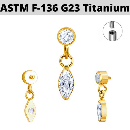 G23 Gold PVD Titanium Internally Threaded Marquise Dangle CZ Top