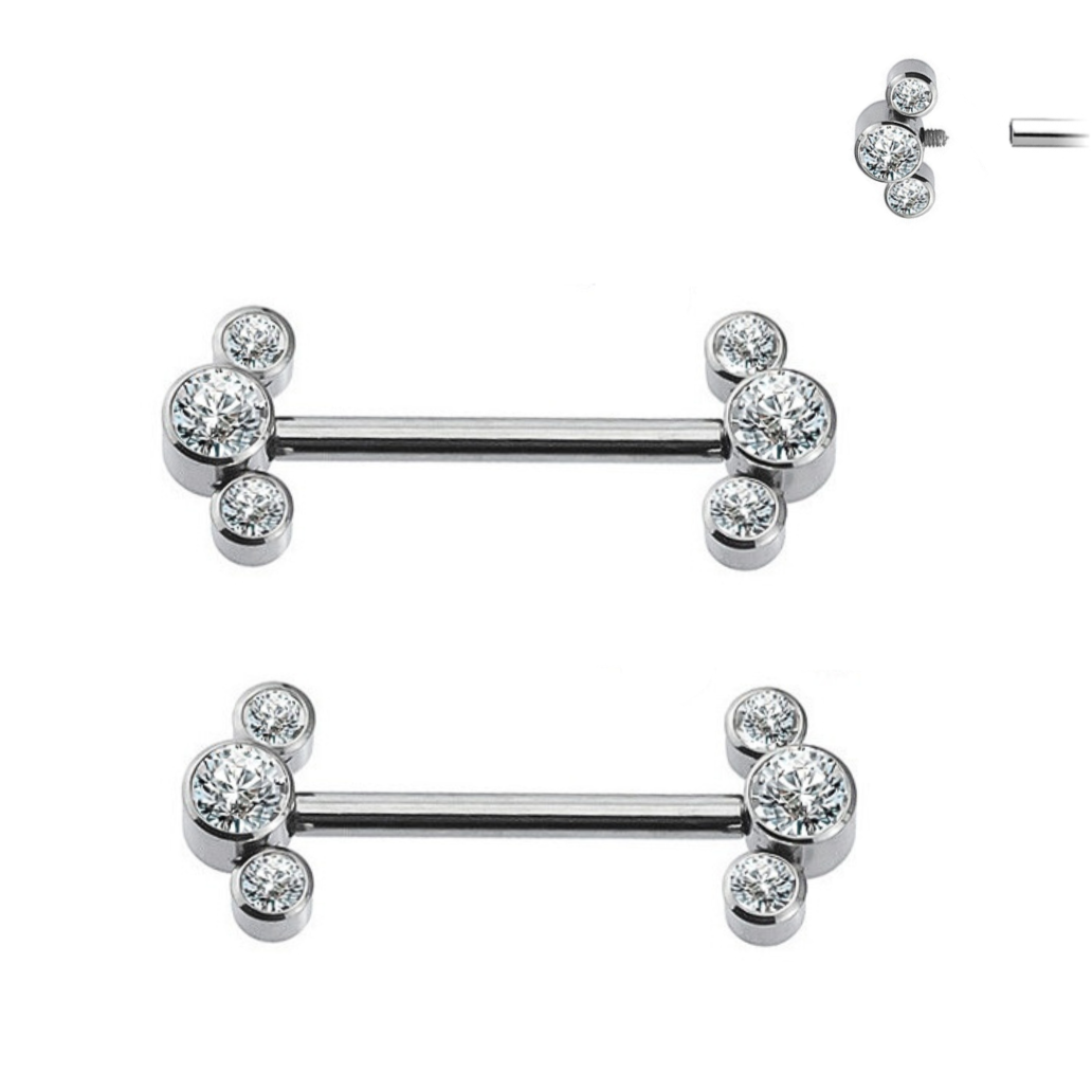 Internally Threaded Steel 3 Bezel Set Ends Nipple Barbell