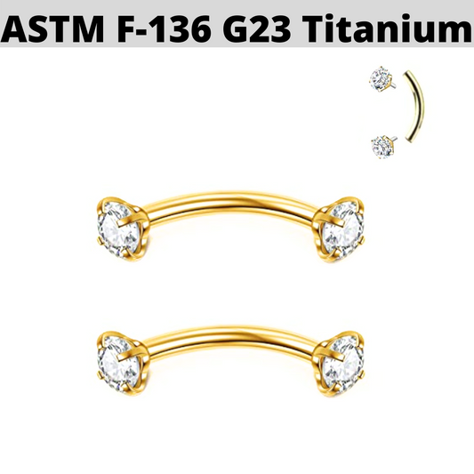 G23 Gold PVD Titanium Internally Threaded Prong Set Double CZ Curved Barbell