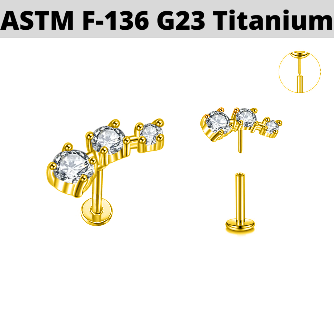 G23 Gold PVD Titanium Threadless Push In Push In 3 CZ Tragus Labret