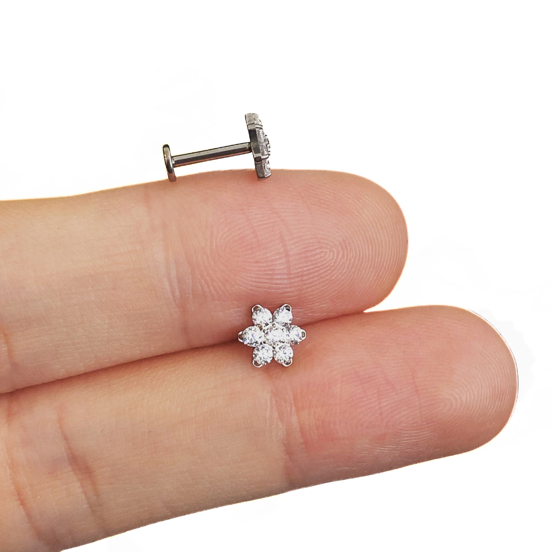 Internally Threaded Steel 6 CZ Flower Tragus Labret