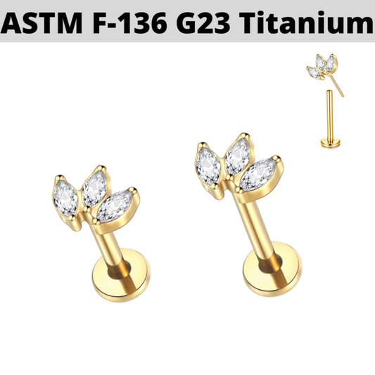 G23 Gold PVD Titanium Threadless Push In 3 Marquise Fan CZ Tragus Labret