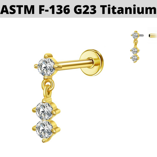 G23 Gold PVD Titanium Internally Threaded 3 CZ Dangle Top Labret