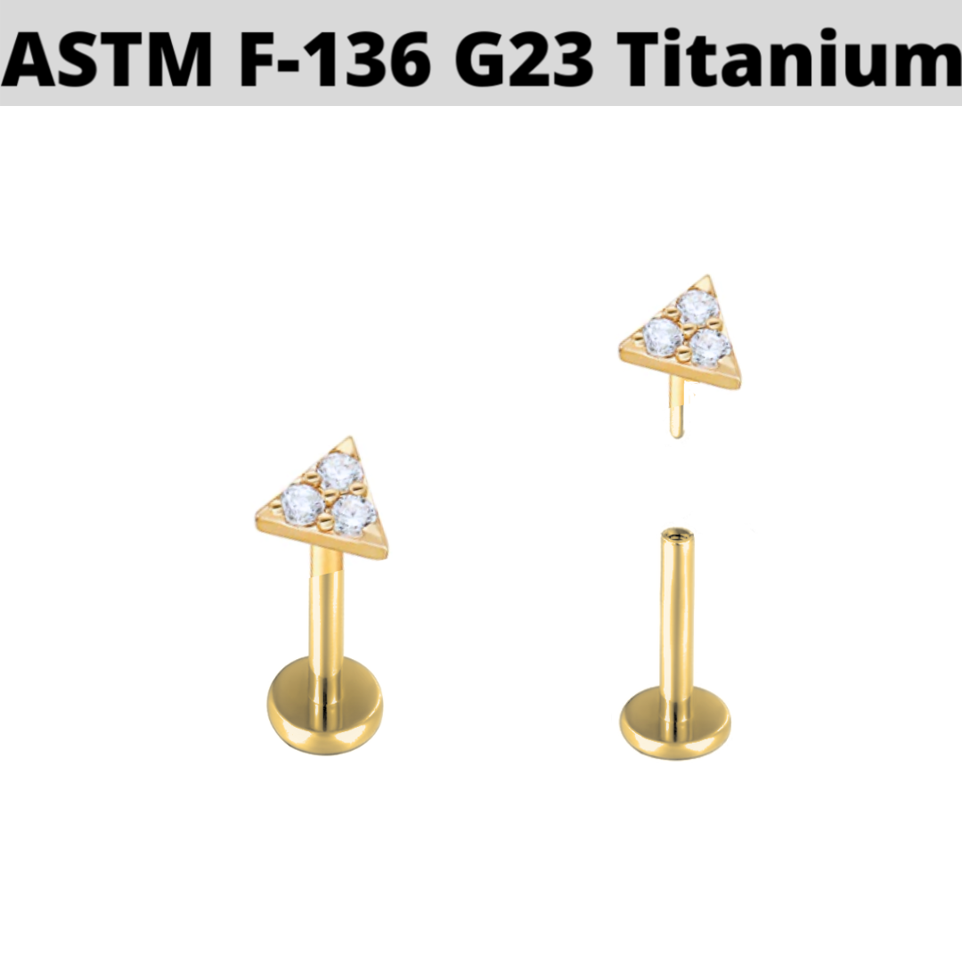 G23 Gold PVD Titanium Threadless Push In Triangle CZ Tragus Labret