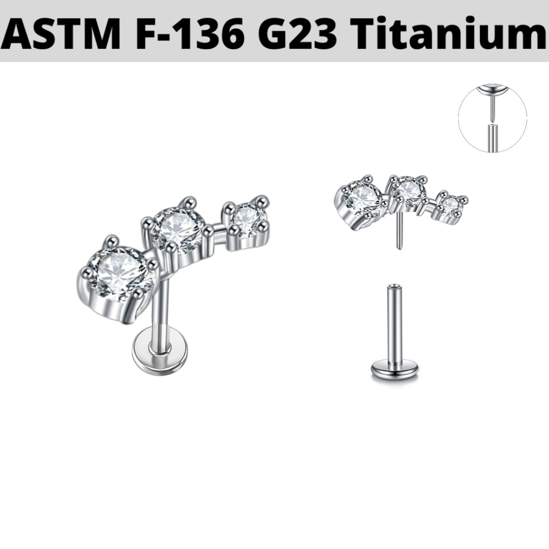 G23 Titanium Threadless Push In Prong Set 3 CZ Tragus Labret