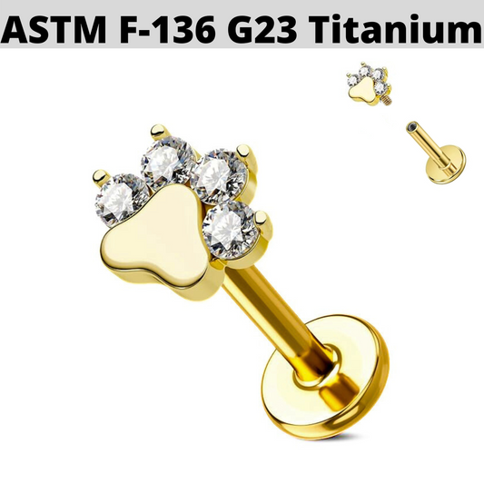 G23 Gold PVD Titanium Internally Threaded Paw CZ Tragus Labret