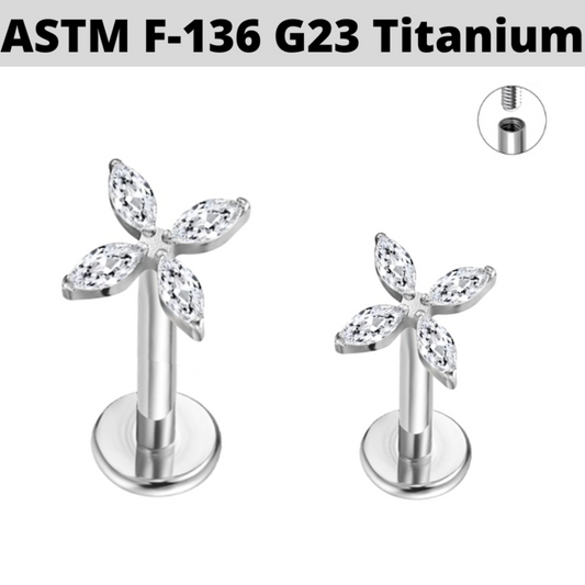G23 Titanium Internally Threaded 4 Marquise CZ Petal Flower Labret