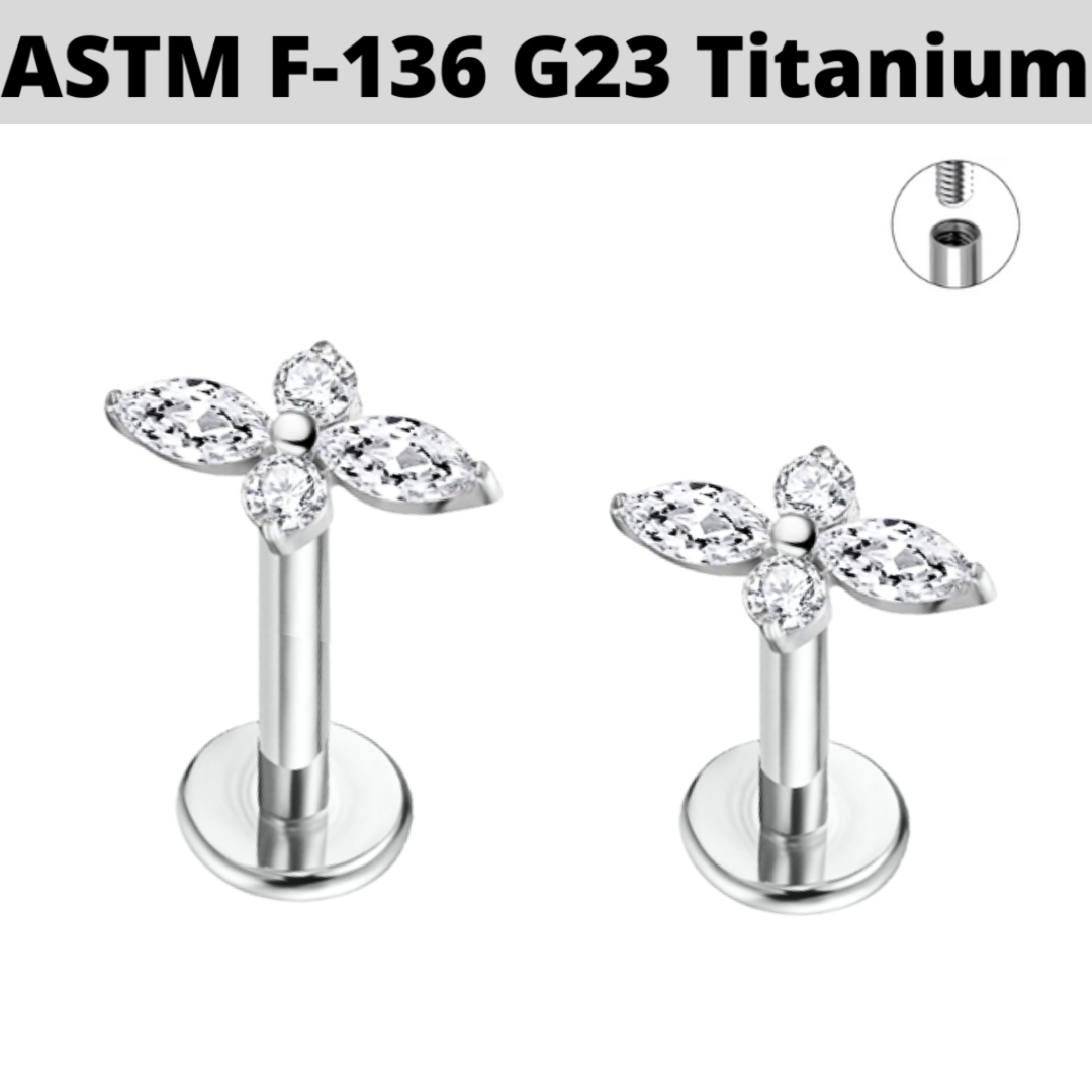 G23 Titanium Internally Threaded Marquise CZ Long Flower Labret