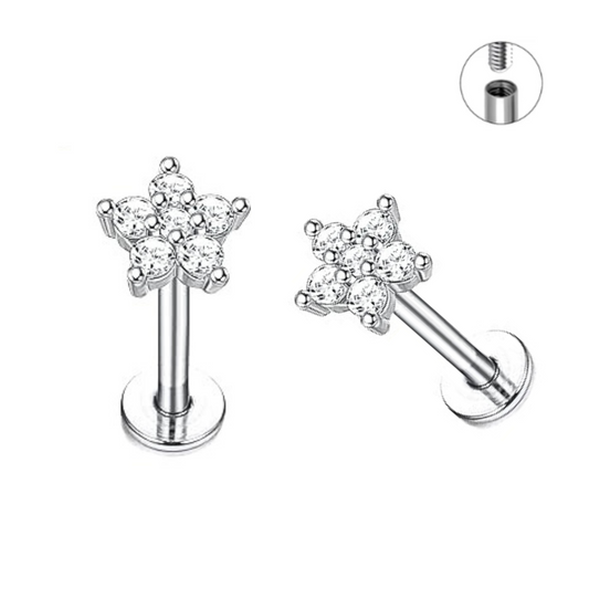 Internally Threaded Steel 6 CZ Flower Tragus Labret