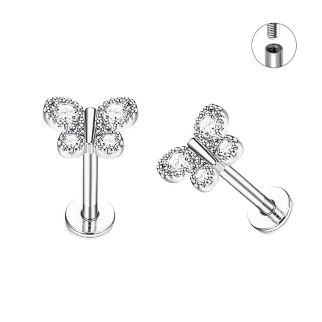 Internally Threaded Steel 4 CZ Butterfly Tragus Labret