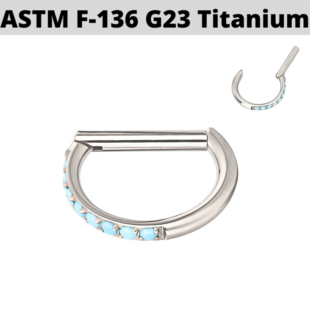 G23 Titanium D Shaped Paved Turquoise Hinged Clicker