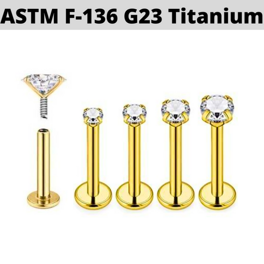 G23 Gold PVD Titanium Internally Threaded CZ Prong Set Tragus Labret