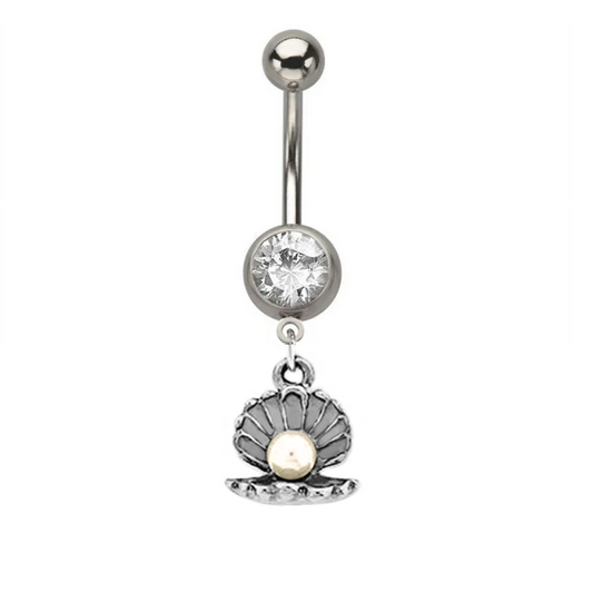 CZ Pearl Open Seashell Dangle Belly Ring