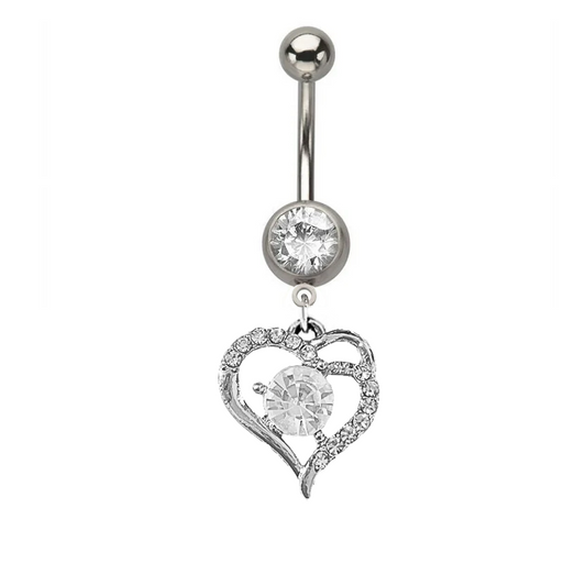 Fancy CZ Open Heart Dangle Belly Ring