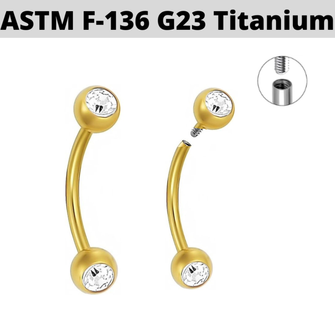 G23 Gold PVD Titanium Internally Threaded Double CZ Curved Barbell