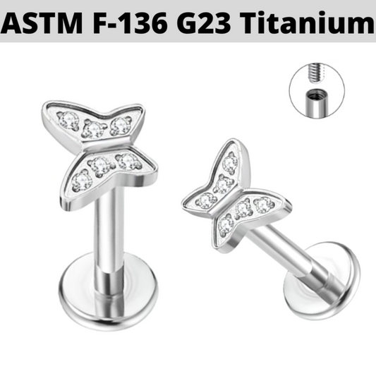 G23 Titanium Internally Threaded Paved CZ Butterfly Labret