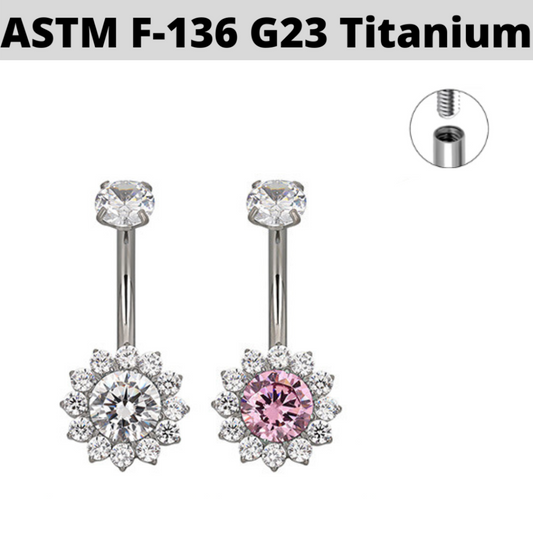 G23 Titanium Internally Threaded Prong Set CZ Flower Belly Ring