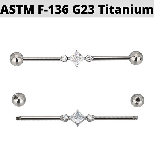 G23 Titanium Center Square CZ with 2 Side CZ Industrial Barbell