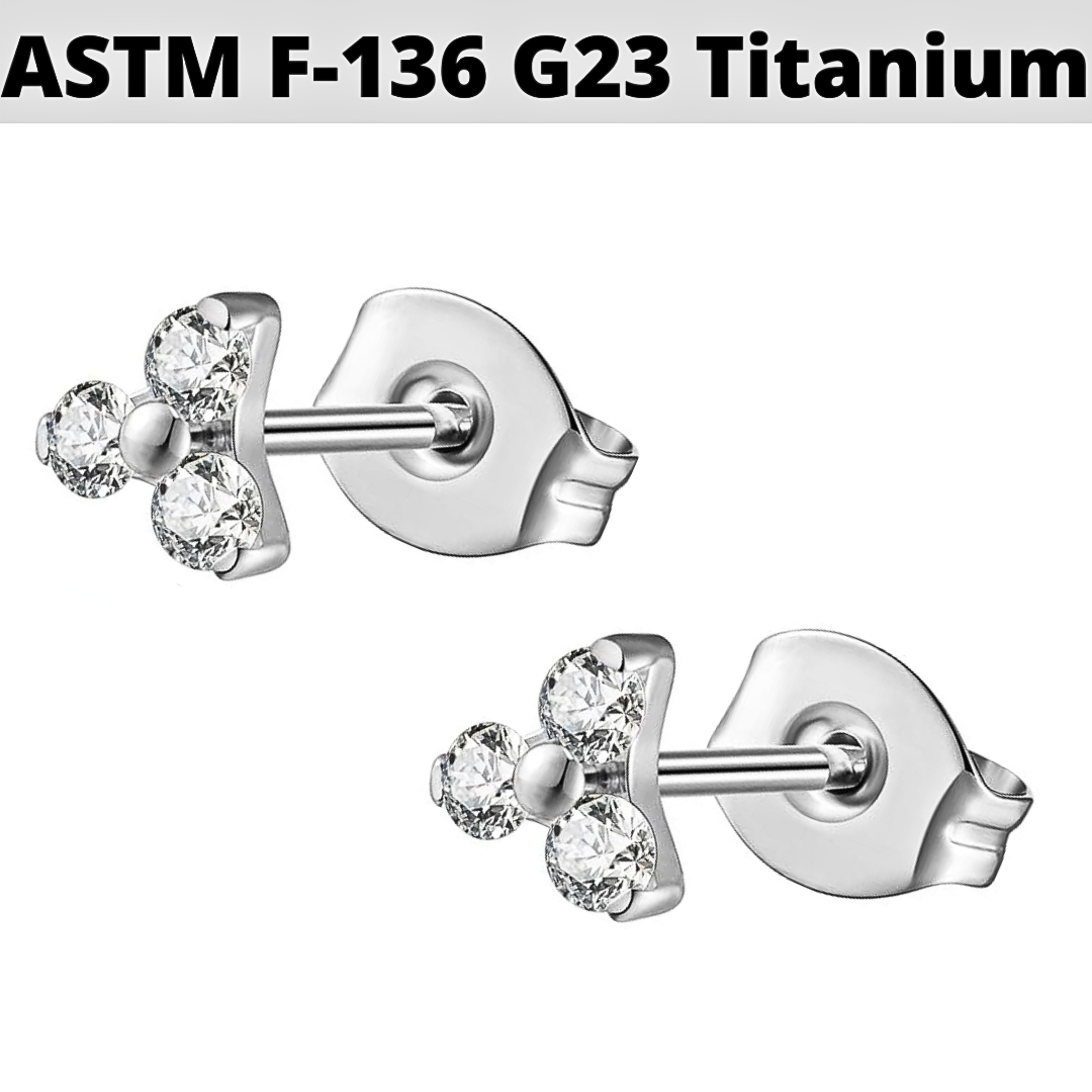 PAIR of G23 Titanium Prong Set Trinity CZ Stud Earrings