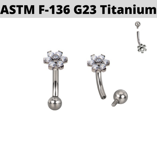 G23 Titanium Internally Threaded Flower CZ Curved Barbell