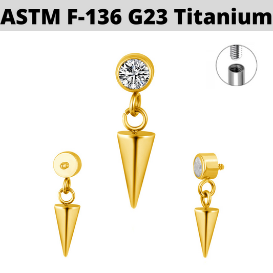 G23 Gold PVD Titanium Internally Threaded Cone Dangle CZ Top