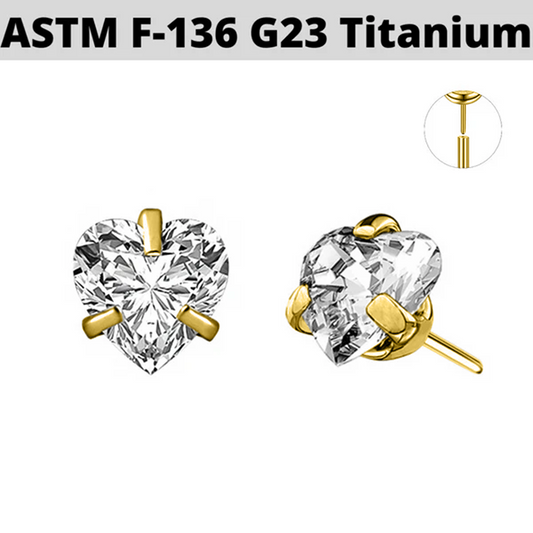 G23 Gold PVD Titanium Threadless Push In Prong Set Heart CZ Top