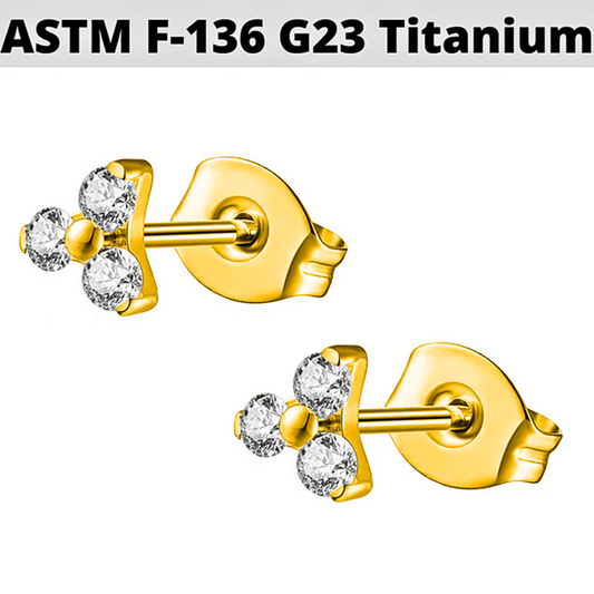 PAIR of G23 Gold PVD Titanium Prong Set Trinity CZ Stud Earrings