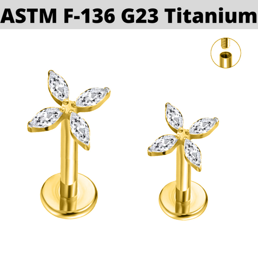 G23 Gold PVD Titanium Internally Threaded 4 Marquise CZ Petal Flower Labret
