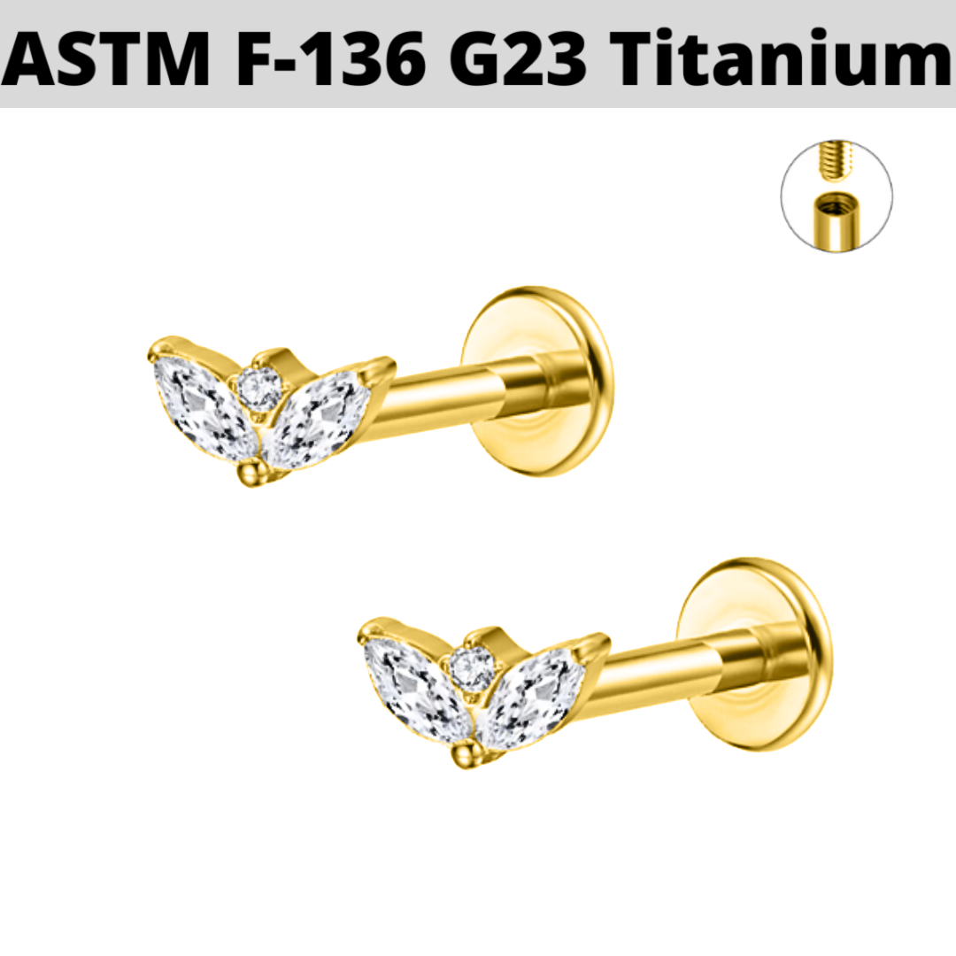 G23 Gold PVD Titanium Internally Threaded 2 Marquise CZ Fan Tragus Labret