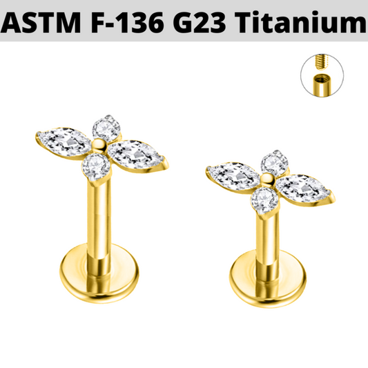 G23 Gold PVD Titanium Internally Threaded Marquise CZ Long Flower Labret