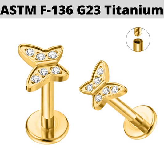 G23 Gold PVD Titanium Internally Threaded Paved CZ Butterfly Labret