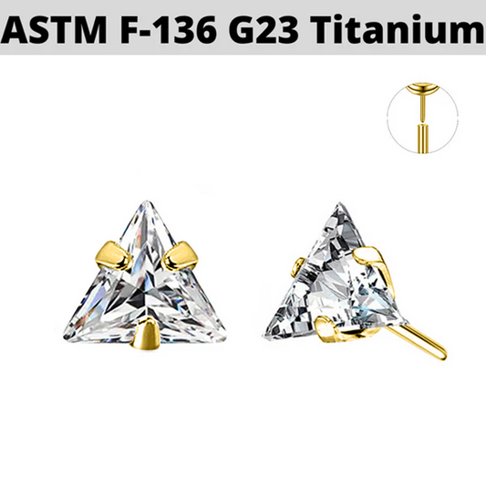 G23 Gold PVD Titanium Threadless Push In Prong Set Triangle CZ Top