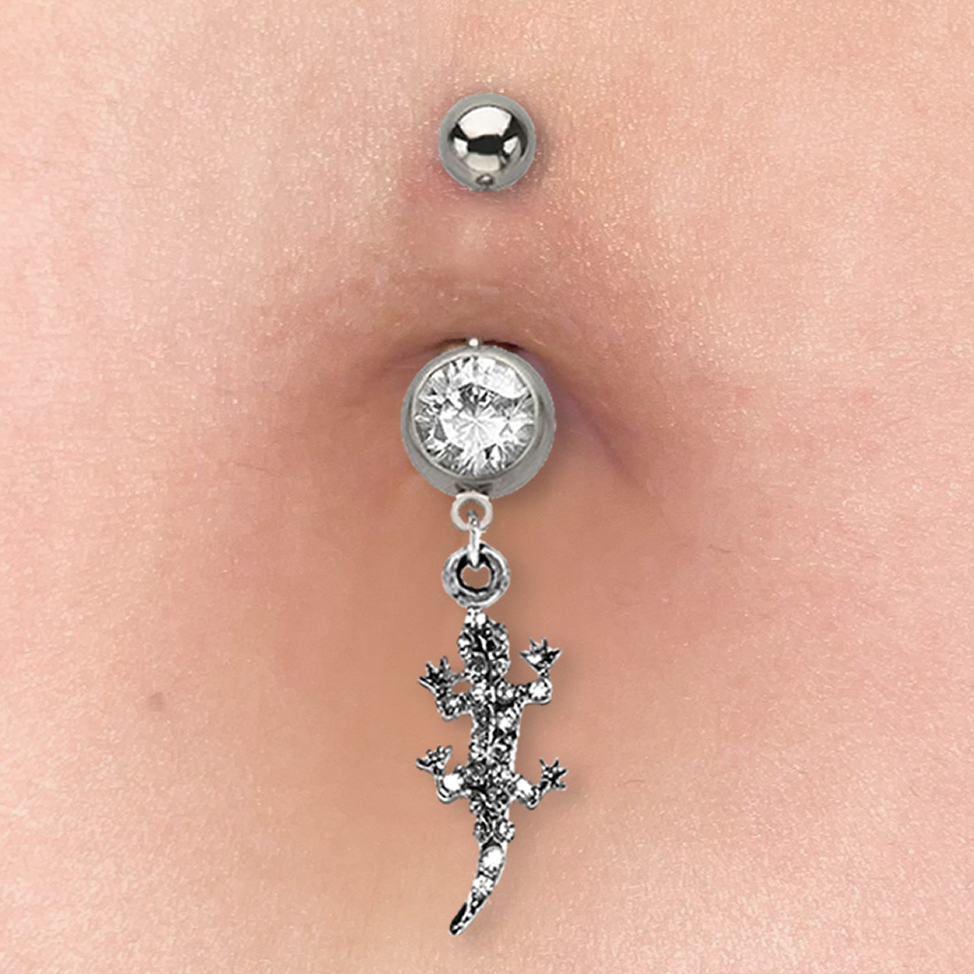 Paved CZ Gecko Lizard Dangle Belly Ring