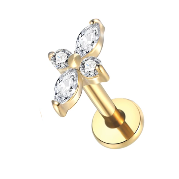 G23 Gold PVD Titanium Internally Threaded Marquise CZ Long Flower Labret