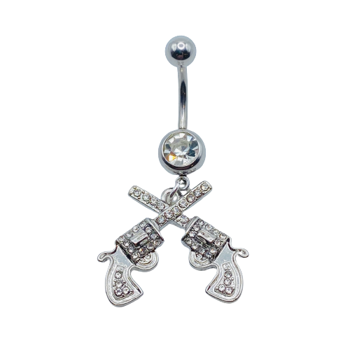 Cross Double Pistol Gun Revolver CZ Dangle Belly Ring