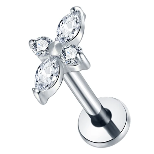 G23 Titanium Internally Threaded Marquise CZ Long Flower Labret